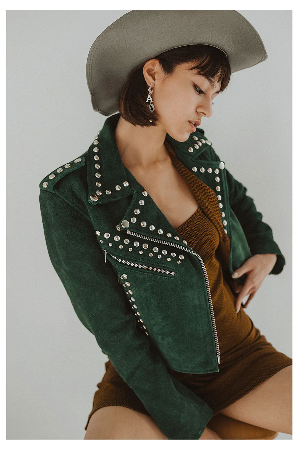 Women's Green-Style Silver Studded spiked Motorcycle Leather Jacket