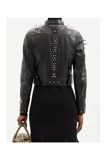 Black Women's Silver Long Spiked Studded Motorcycle Leather Jacket