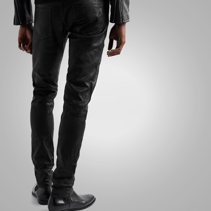 Men's Fashion Black Cowhide Leather Biker Pants