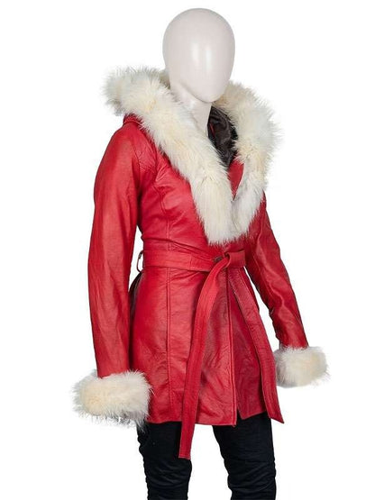 Women’s Red Leather Santa Claus Coat with White Fur Trim