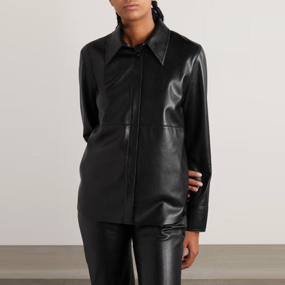 Women's Black Soft Slim Leather Shirt - Supple & Sleek