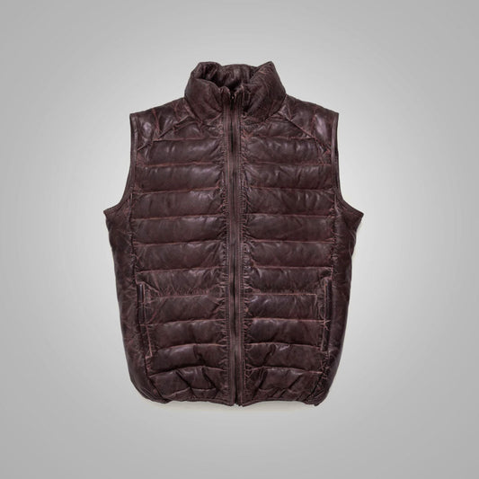 Men's Dark Brown Bubble Leather Down Vest