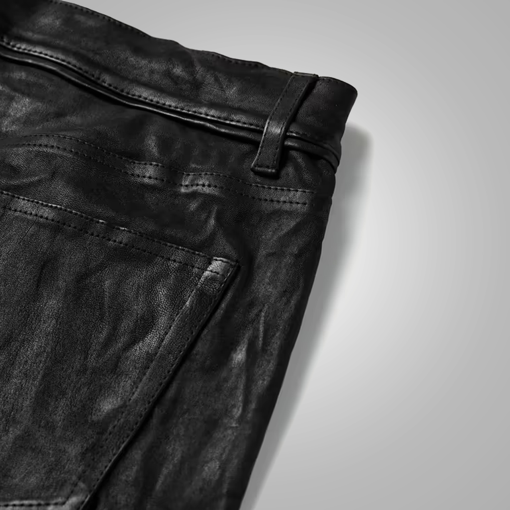 Men's Fashion Black Cowhide Leather Biker Pants