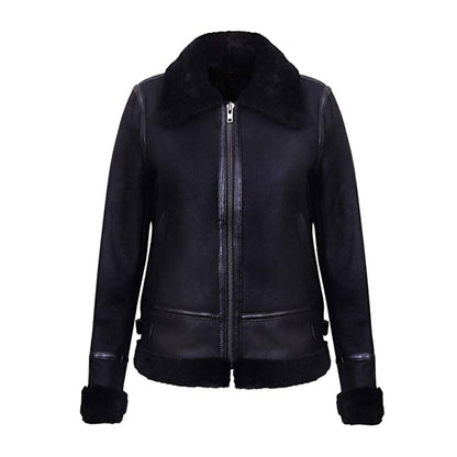 Women's Black Aviator Biker Genuine Sheepskin Shearling Leather Jacket