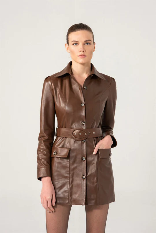 Stylish Women’s Chocolate Brown Sheepskin Leather Trucker Trench Coat