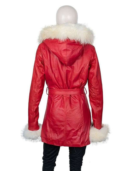 Women’s Red Leather Santa Claus Coat with White Fur Trim