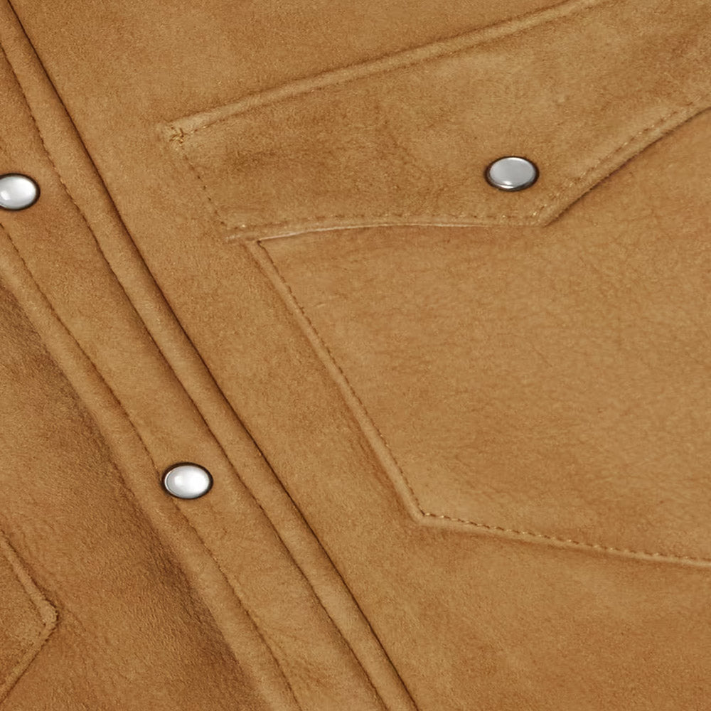 Women's Camel Suede Shearling Leather Shirt with Classic Flap Pockets