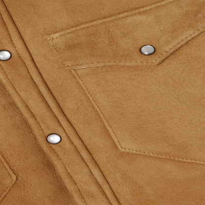 Women's Camel Suede Shearling Leather Shirt with Classic Flap Pockets