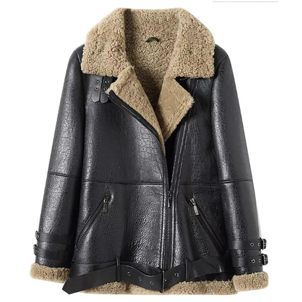 Women’s Black Leather Brown Shearling Big Fur Collar Coat