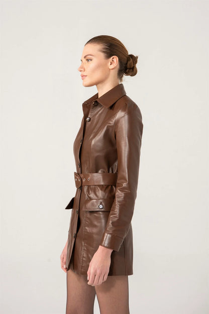 Stylish Women’s Chocolate Brown Sheepskin Leather Trucker Trench Coat