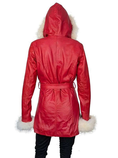 Women’s Red Leather Santa Claus Coat with White Fur Trim