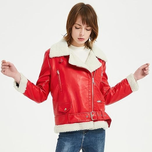 Women’s Christmas Red Leather Biker Jacket with Fur Trim