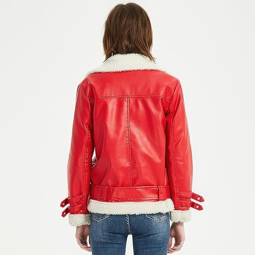 Women’s Christmas Red Leather Biker Jacket with Fur Trim