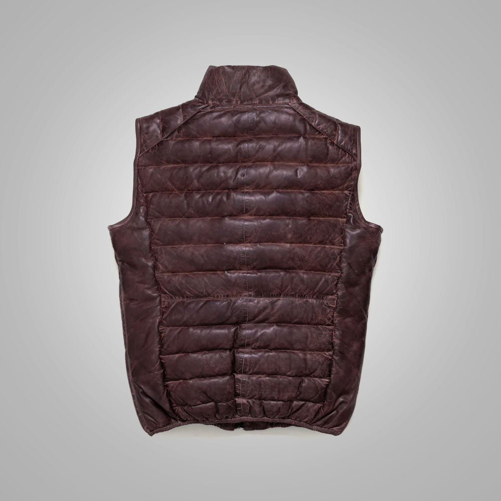 Men's Dark Brown Bubble Leather Down Vest