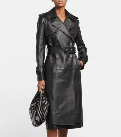 Women's Genuine Sheepskin Leather Trench Coat with Waist Belt - Timeless Elegance and Versatility