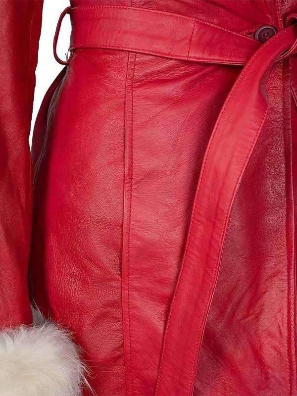 Women’s Red Leather Santa Claus Coat with White Fur Trim