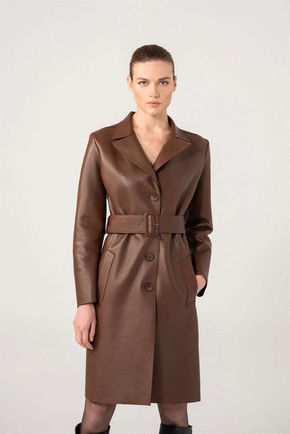  Stylish Women’s Chocolate Brown Sheepskin Leather Trench Coat