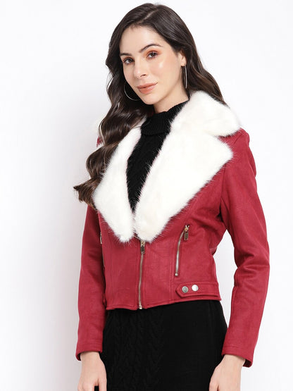 Women’s Red Leather Cropped Biker Jacket