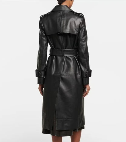 Women's Genuine Sheepskin Leather Trench Coat with Waist Belt - Timeless Elegance and Versatility