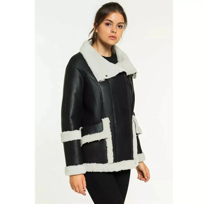 Women’s Black Leather White Shearling Big Fur Collar Coat