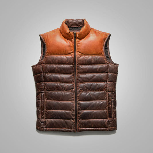  Men's Brown Genuine Bubble Leather Down Vest