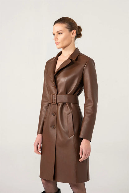  Stylish Women’s Chocolate Brown Sheepskin Leather Trench Coat