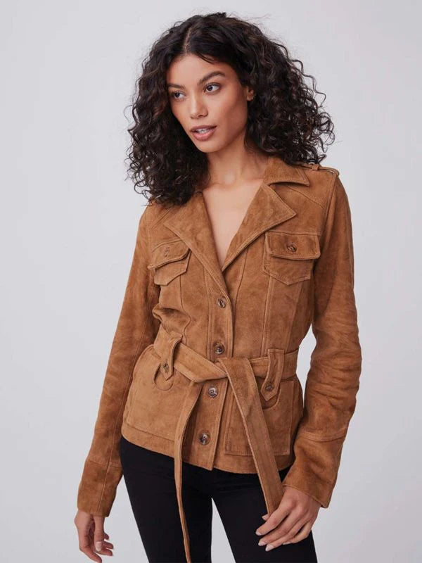 Women's Tan Brown Suede Leather Belted Coat