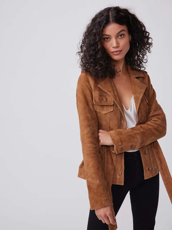 Women's Tan Brown Suede Leather Belted Coat