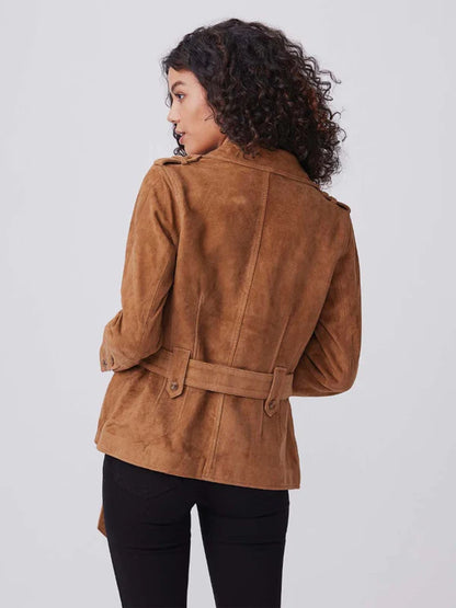 Women's Tan Brown Suede Leather Belted Coat