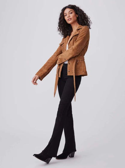 Women's Tan Brown Suede Leather Belted Coat