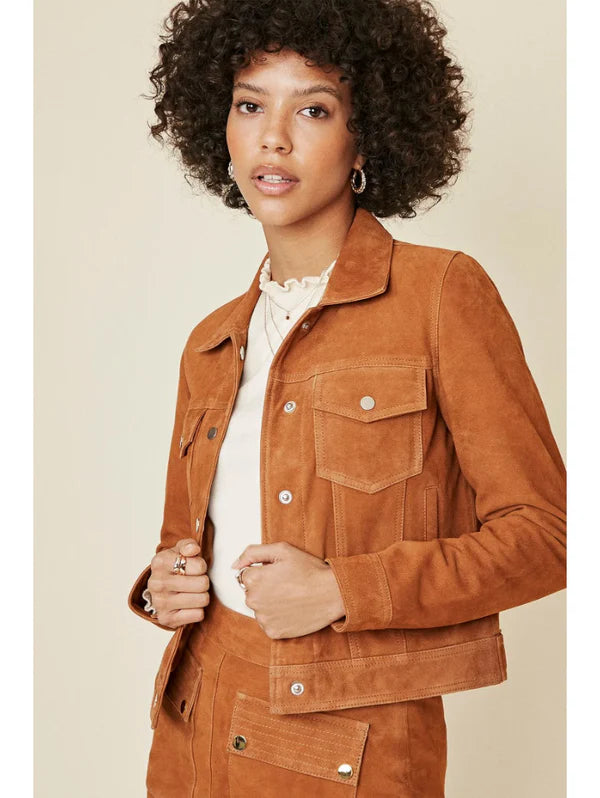 Women's Tan Brown Suede Leather Trucker Jacket