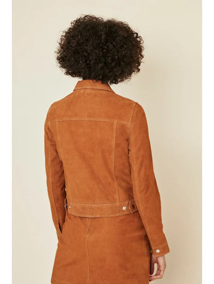 Women's Tan Brown Suede Leather Trucker Jacket