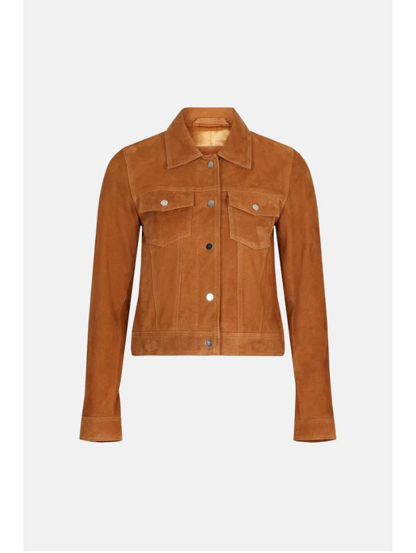 Women's Tan Brown Suede Leather Trucker Jacket