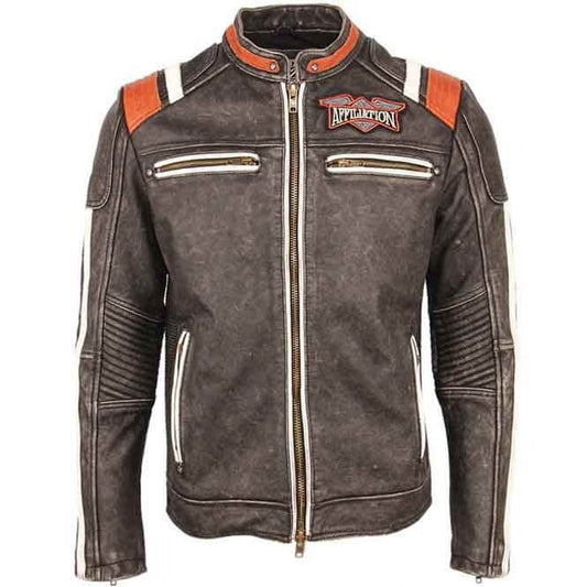 Men's Affiliation Skull Embroidery Genuine Leather Motorcycle Jacket