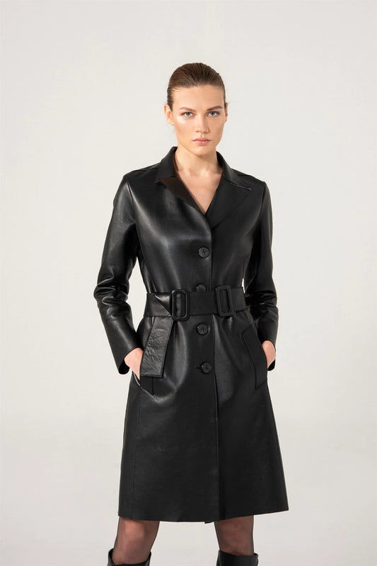 Elegant Women’s Black Sheepskin Leather Button-Down Trench Coat