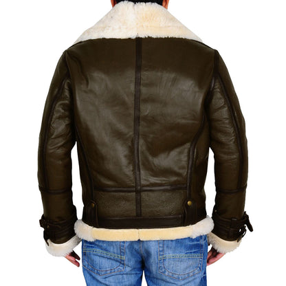 Army Green Men's B3 Bomber Shearling Leather Jacket - TopGuruJackets