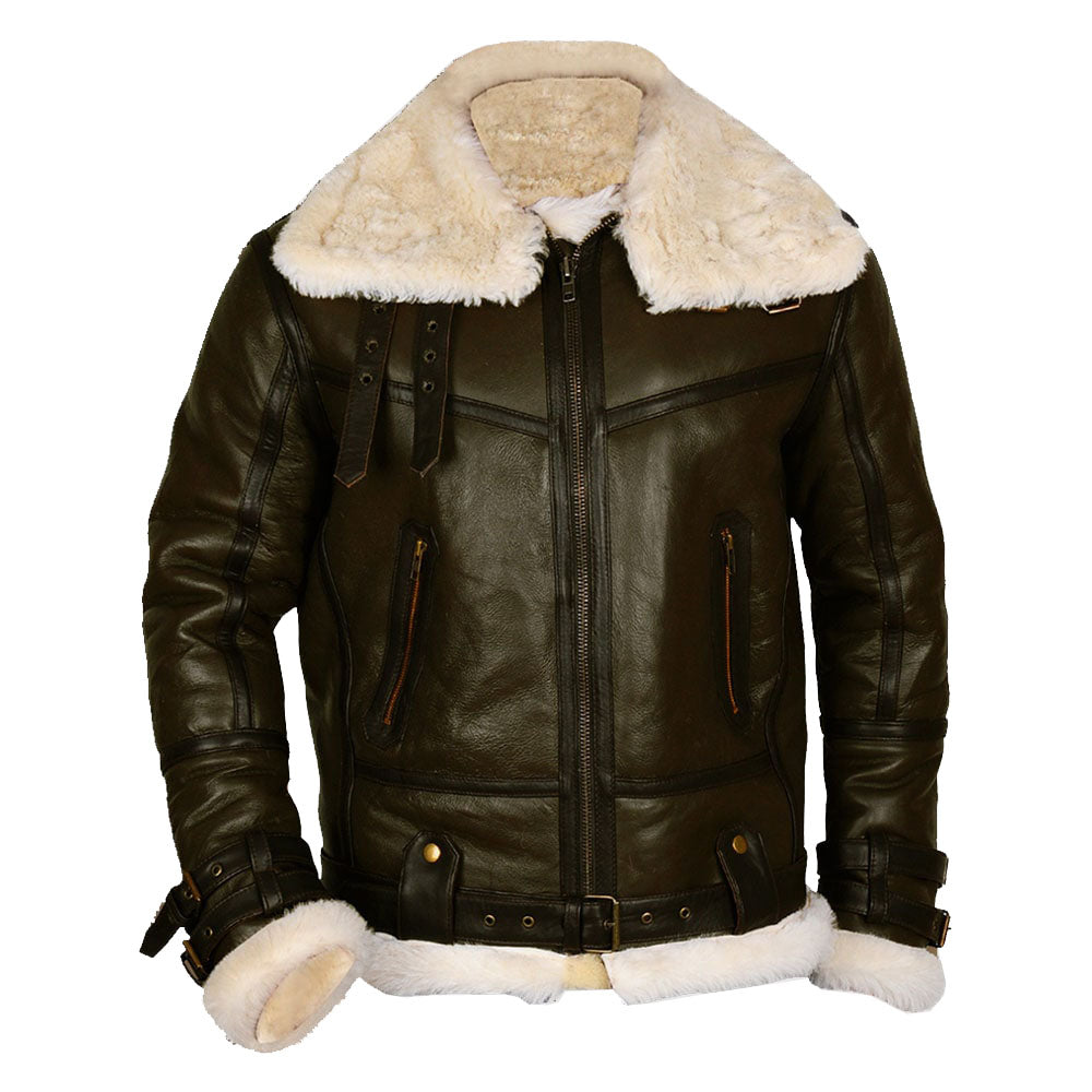 Army Green Men's B3 Bomber Shearling Leather Jacket - TopGuruJackets