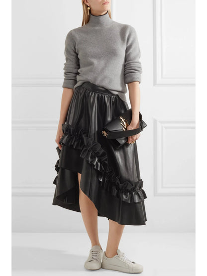 Asymmetric Ruffle-Trimmed Real Black Leather Midi Skirt for Women

