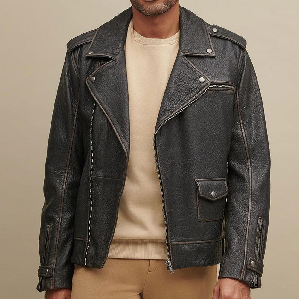 Men's Asymmetrical Leather Biker Jacket