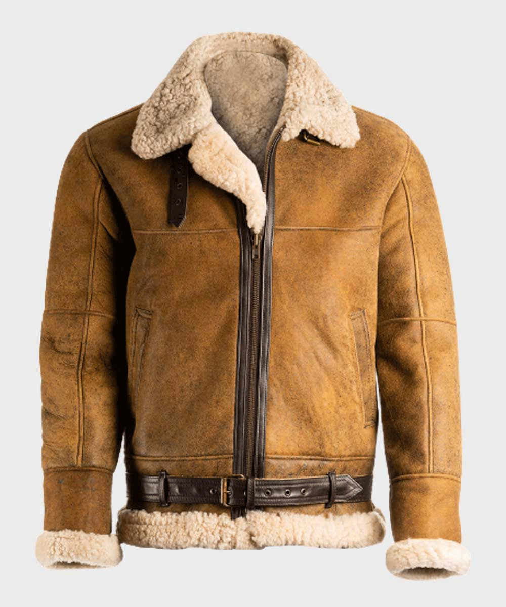 Classic Aviator Mens Brown Sheepskin Shearling B3 Leather Jacket