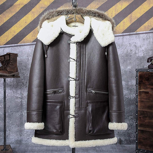 Mens Brown B3 Bomber Jacket Hooded Shearling Leather Coat