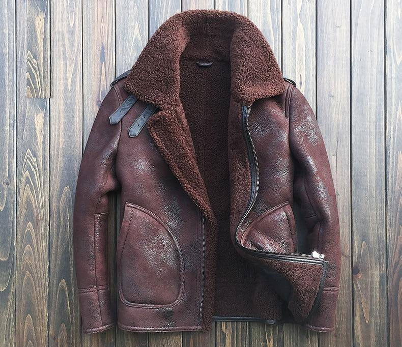 Men's B3 Bomber Shearling Sheepskin Leather Jacket with Wool Lining