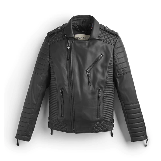 Men's Black Leather Biker Jacket with Embossed Pattern