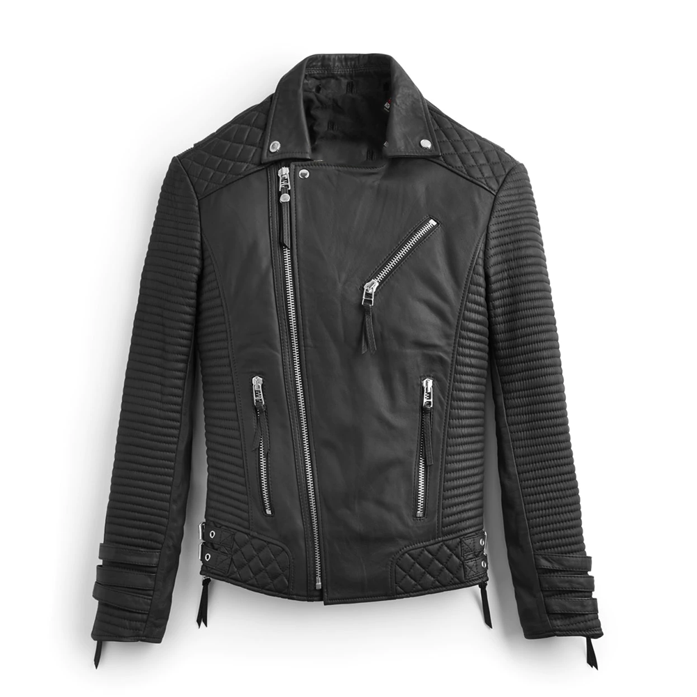 Men's Black Biker Motorcycle Jacket with Pattern