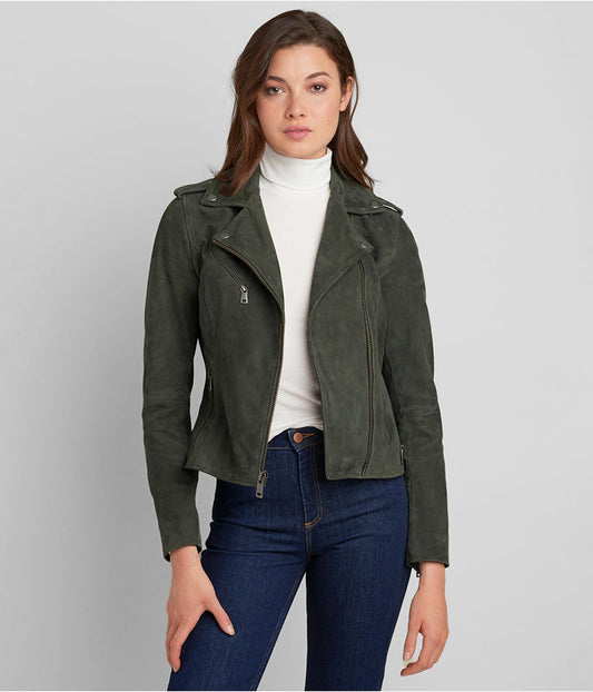 TOPGURUJACKETS Women's Suede Leather Moto Jacket in Olive