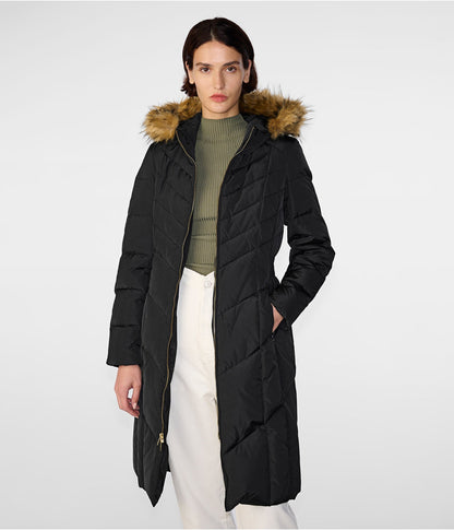 Women's Luxe Fur Hooded Puffer Trench Coat in Black