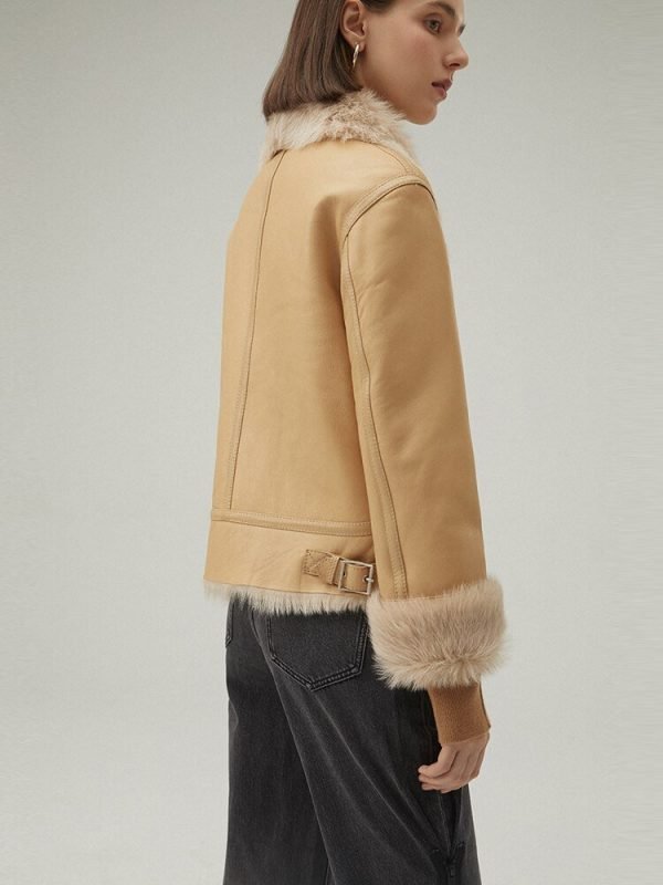 Women's Shearling Leather Jacket In Tan Brown