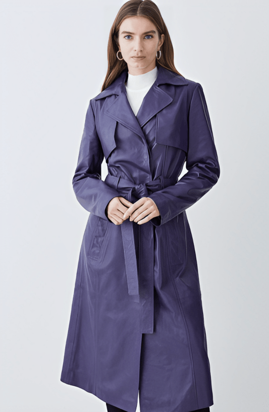 Stylish Women's Leather Trench Coat - Purple