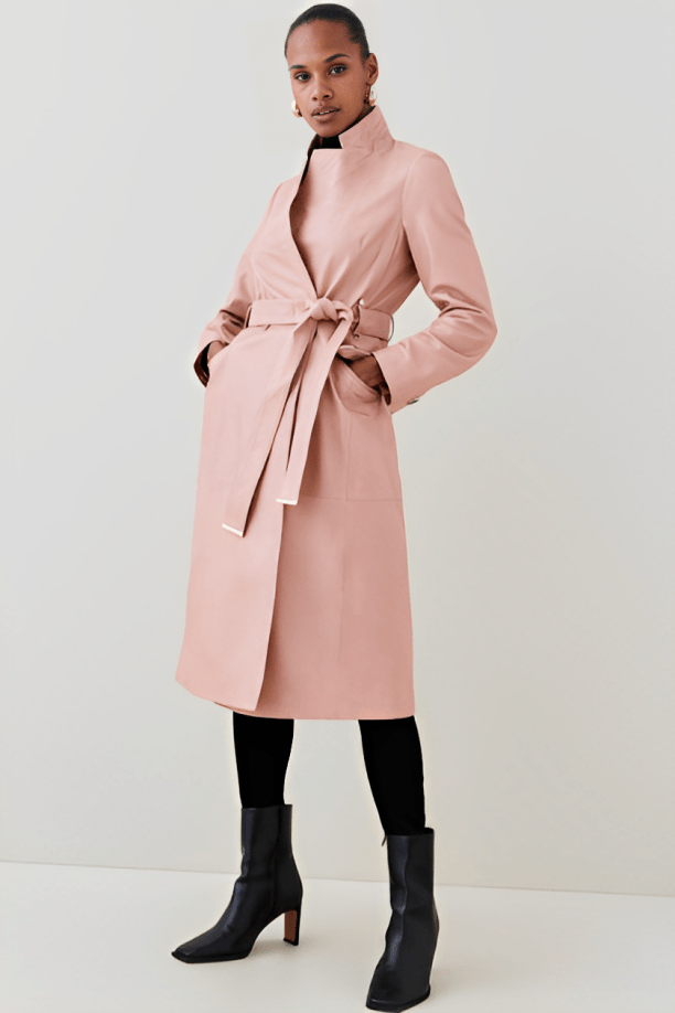 Chic Women's Leather Trench Coat - Tea Pink 