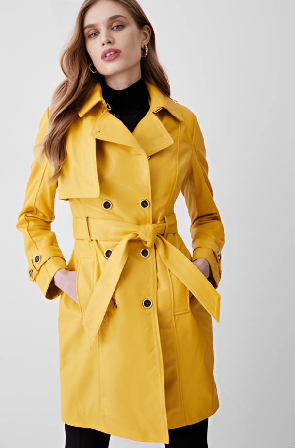 Chic Women's Leather Trench Coat - Mustard